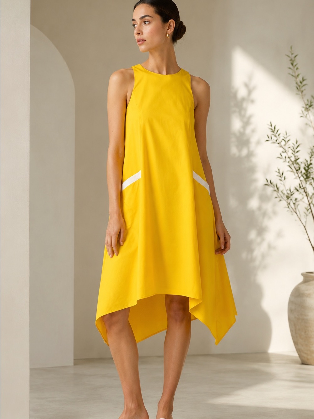 Badgley Mischka Yellow Asymmetrical Handkerchief Hem Shift Dress with White Trim